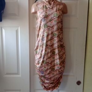 MADRAQ, VINTAGE Elegant Floral Midi Dress in Pink and Green, 3XL